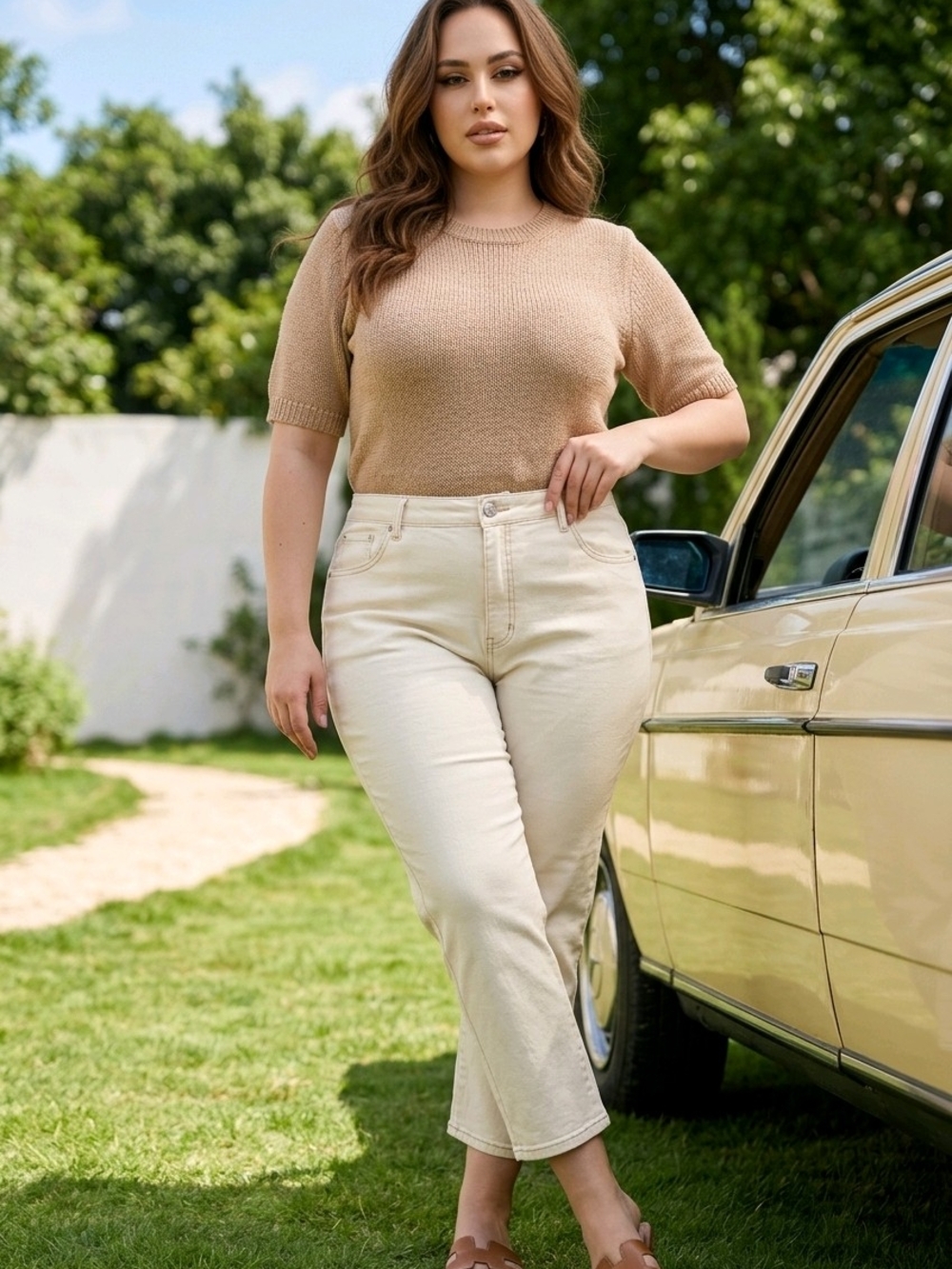 Terra & Sky High-Rise Tummy Control Cream Colored Barrel-Leg Jeans 24W